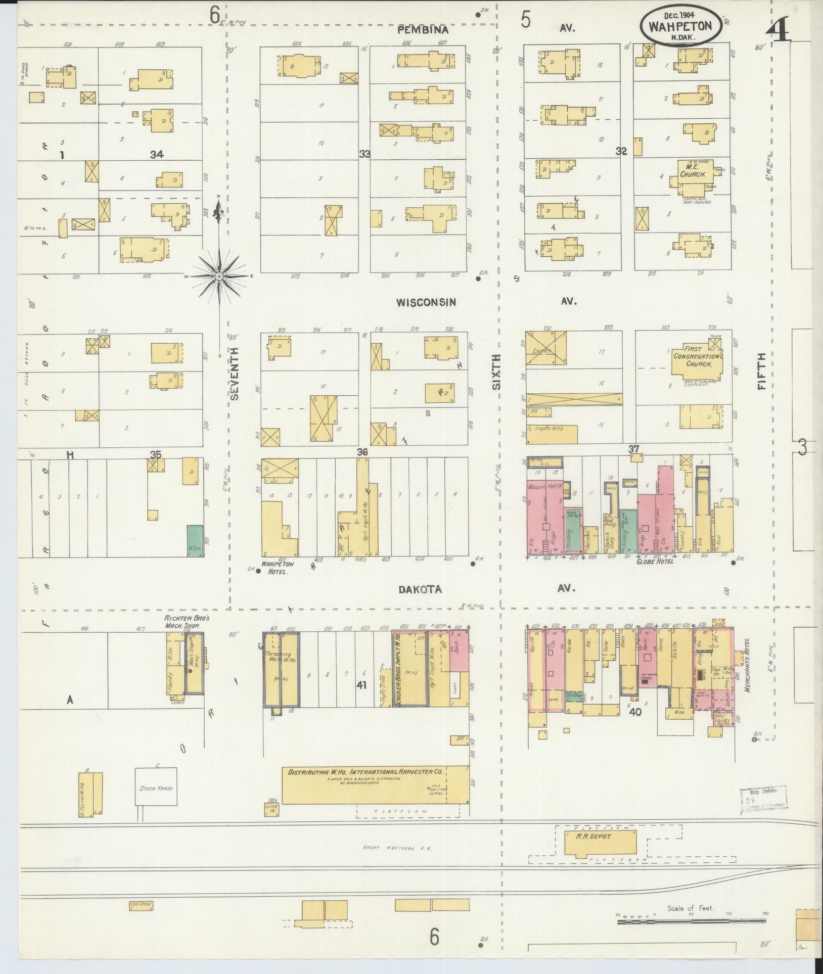 Sanborn Fire Insurance Map from Wahpeton, Richland County, North Dakota (1904), Sheet #0004 - Complete Map Set gallery image, historic Sanborn map, vintage wall art, North Dakota North Dakota