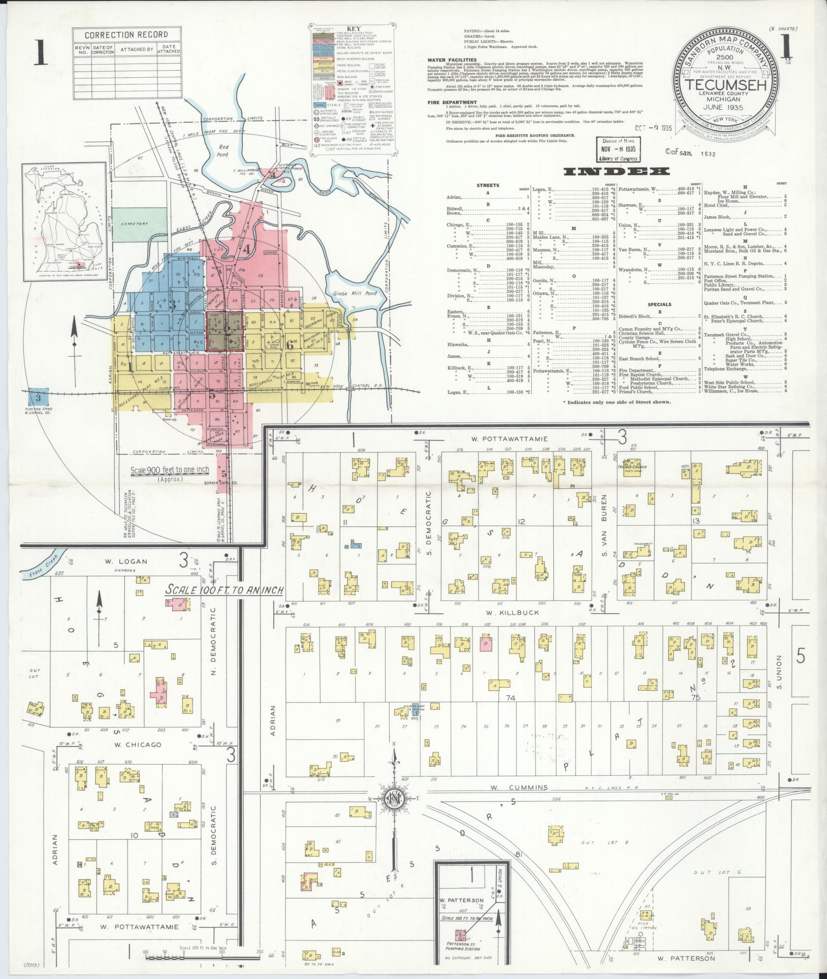 Sanborn Fire Insurance Map from Tecumseh, Lenawee County, Michigan (1935), Sheet #0001 - Historic Sanborn Fire Insurance Map Print, vintage old map wall art, antique decor, genealogy gift, Michigan Michigan map