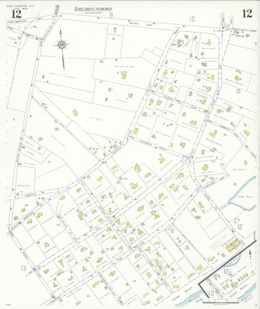 Sanborn Fire Insurance Map from Easthampton, Suffolk County, New York (1936), Sheet #0012 - Historic Sanborn Fire Insurance Map Print, vintage old map wall art, antique decor, genealogy gift, New York New York map