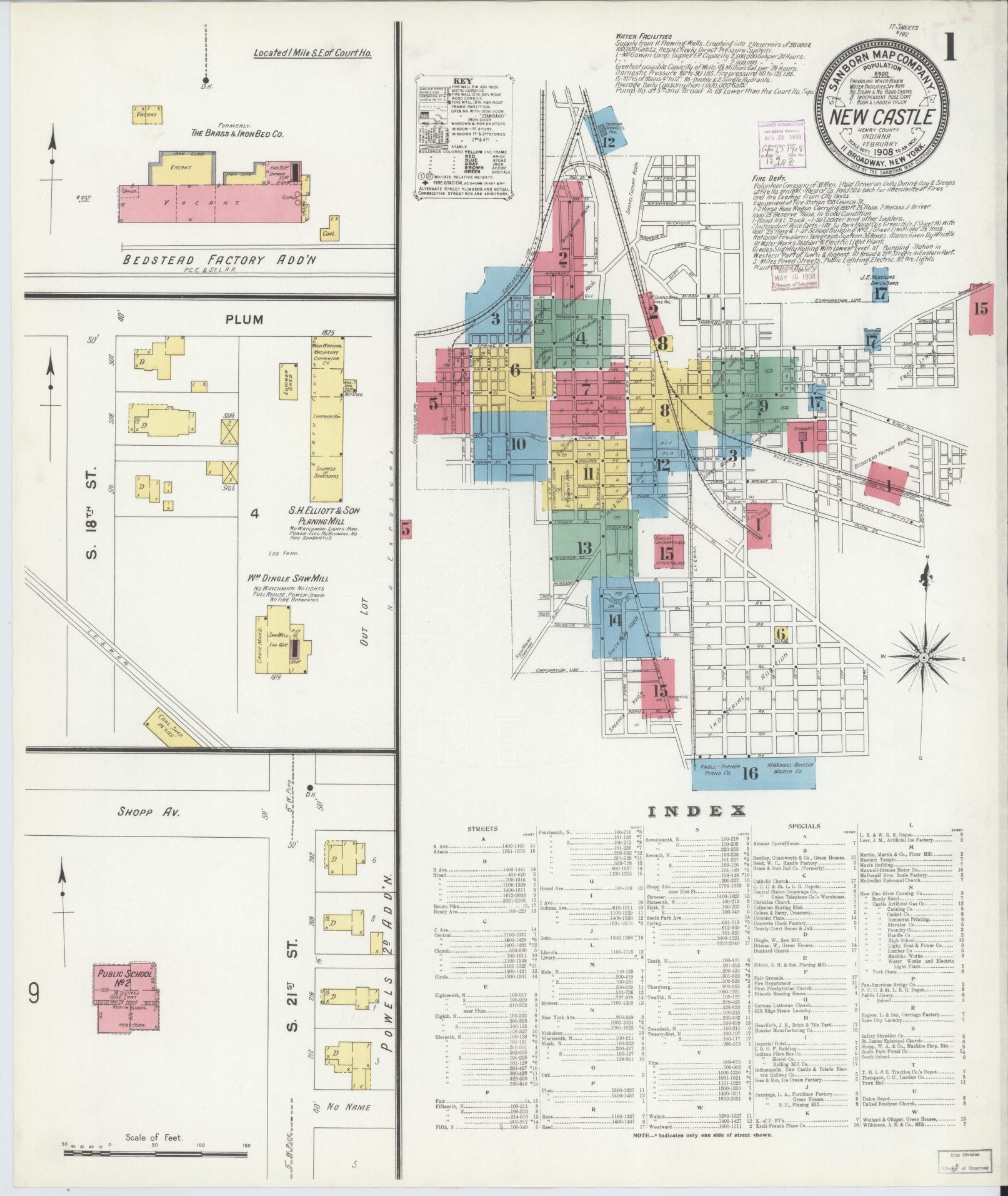 Sanborn Fire Insurance Map from New Castle, Henry County, Indiana (1908), Sheet #0001 - Complete Map Set gallery image, historic Sanborn map, vintage wall art, Indiana Indiana