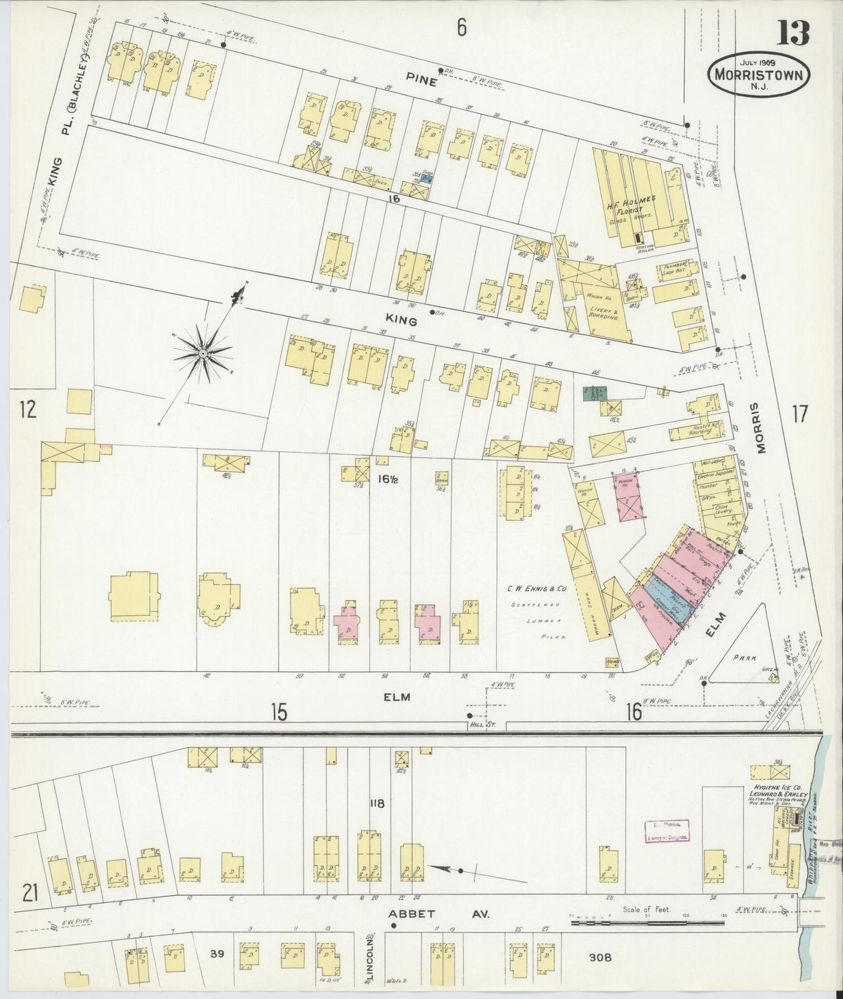 Sanborn Fire Insurance Map from Morristown, Morris County, New Jersey (1909), Sheet #0013 - Historic Sanborn Fire Insurance Map Print, vintage old map wall art, antique decor, genealogy gift, New Jersey New Jersey map