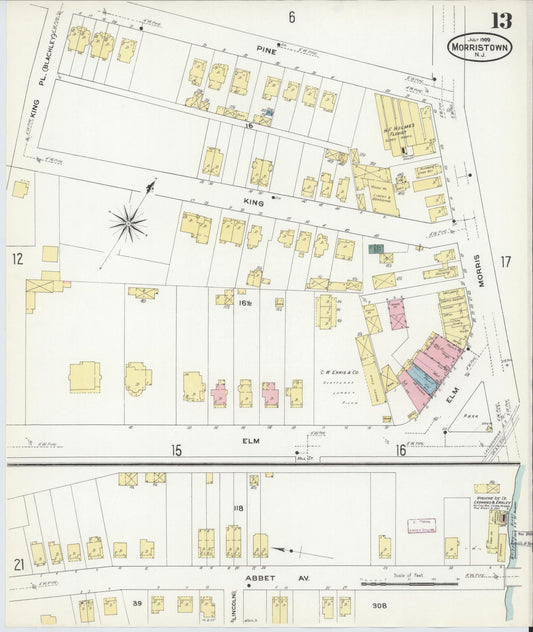 Sanborn Fire Insurance Map from Morristown, Morris County, New Jersey (1909), Sheet #0013 - Historic Sanborn Fire Insurance Map Print, vintage old map wall art, antique decor, genealogy gift, New Jersey New Jersey map