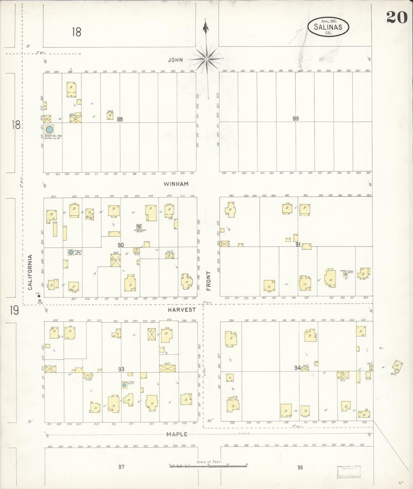 Sanborn Fire Insurance Map from Salinas, Monterey County, California (1900), Sheet #0020 - Complete Map Set gallery image, historic Sanborn map, vintage wall art, California California