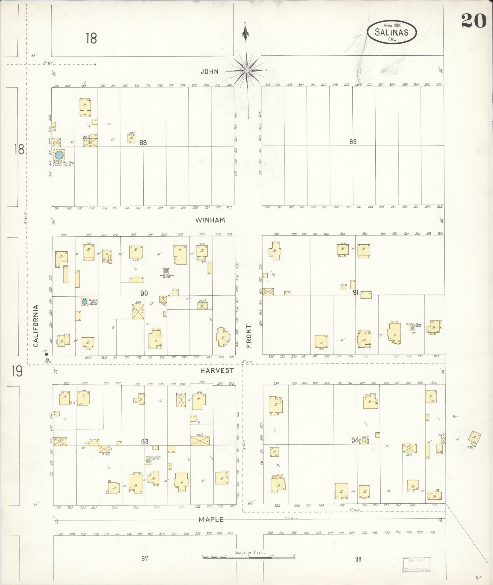 Sanborn Fire Insurance Map from Salinas, Monterey County, California (1900), Sheet #0020 - Complete Map Set gallery image, historic Sanborn map, vintage wall art, California California