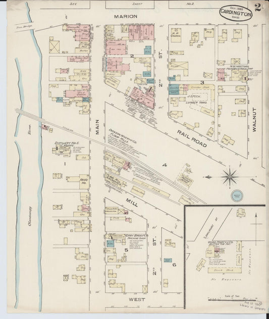 Sanborn Fire Insurance Map from Cardington, Morrow County, Ohio (1885), Sheet #0002 - Historic Sanborn Fire Insurance Map Print, vintage old map wall art, antique decor, genealogy gift, Ohio Ohio map