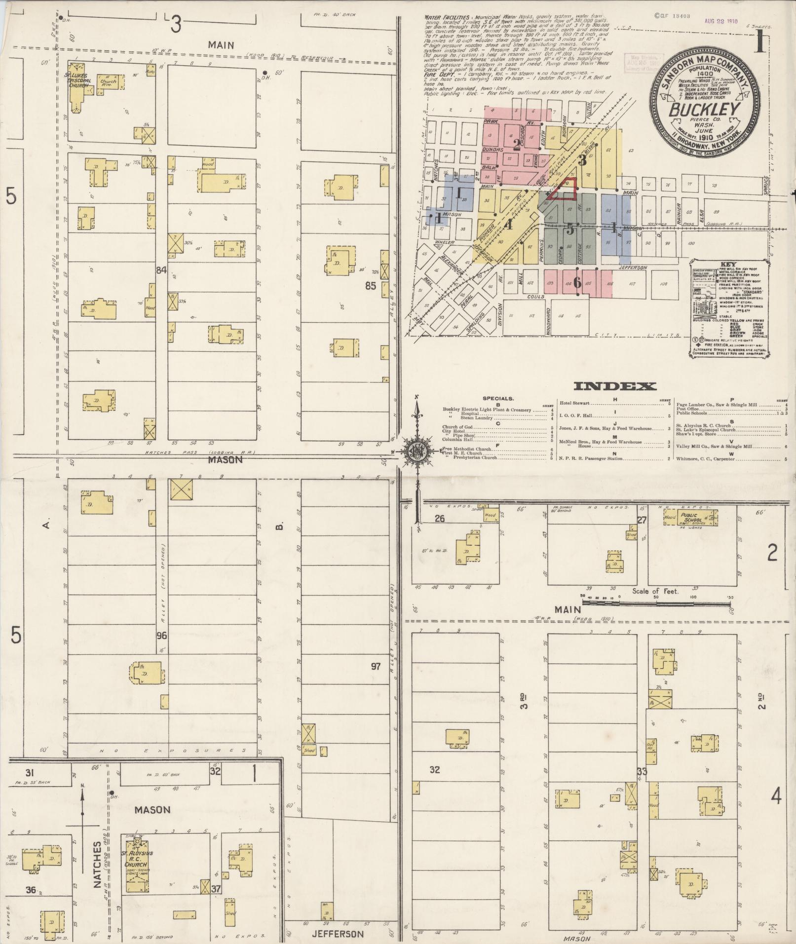 Sanborn Fire Insurance Map from Buckley, Pierce County, Washington (1910), Sheet #0001 - Historic Sanborn Fire Insurance Map Print, vintage old map wall art, antique decor, genealogy gift, Washington Washington map
