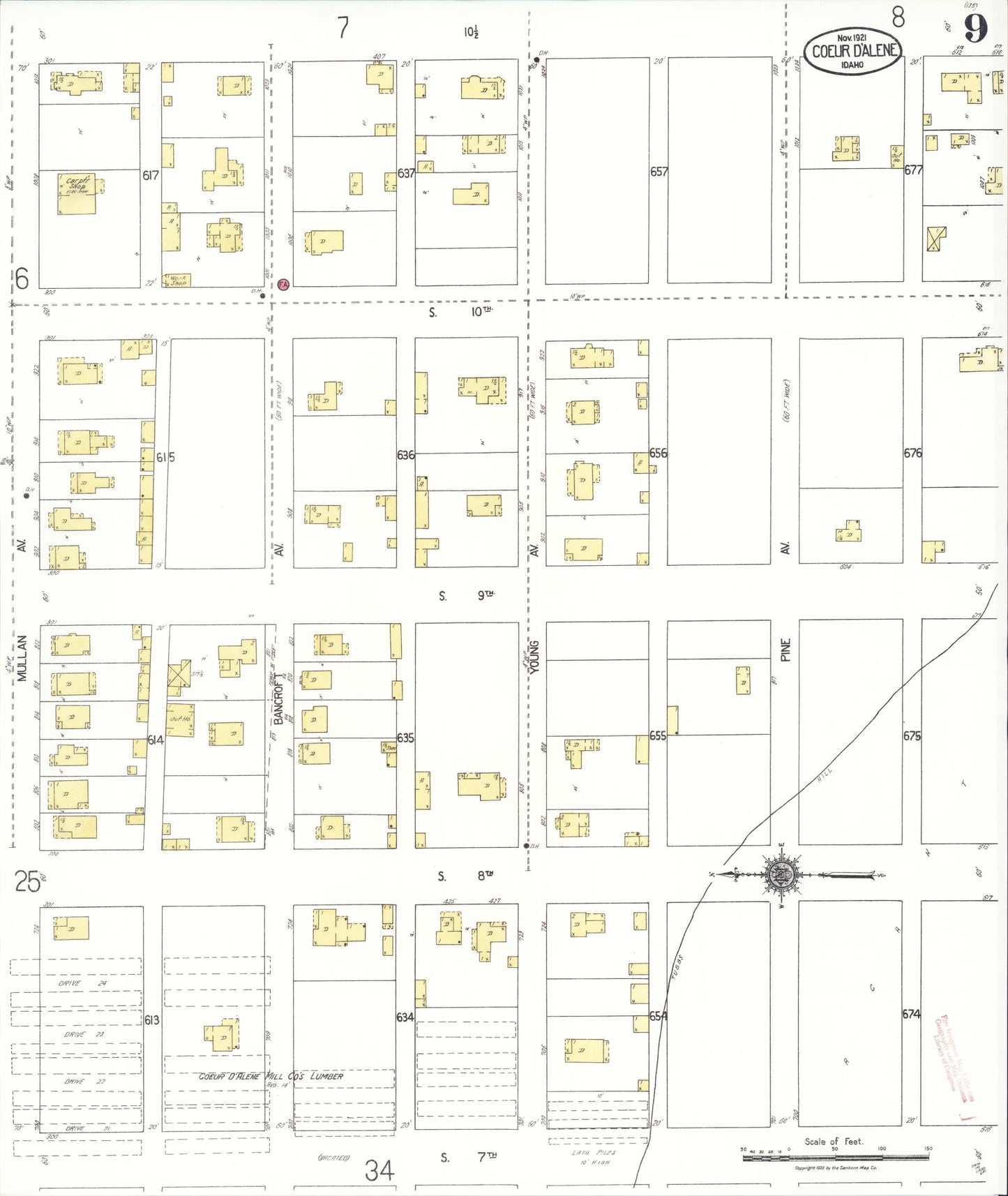 Sanborn Fire Insurance Map from Coeur D'alene, Kootenai County, Idaho (1921), Sheet #0009 - Historic Sanborn Fire Insurance Map Print, vintage old map wall art, antique decor, genealogy gift, Idaho Idaho map