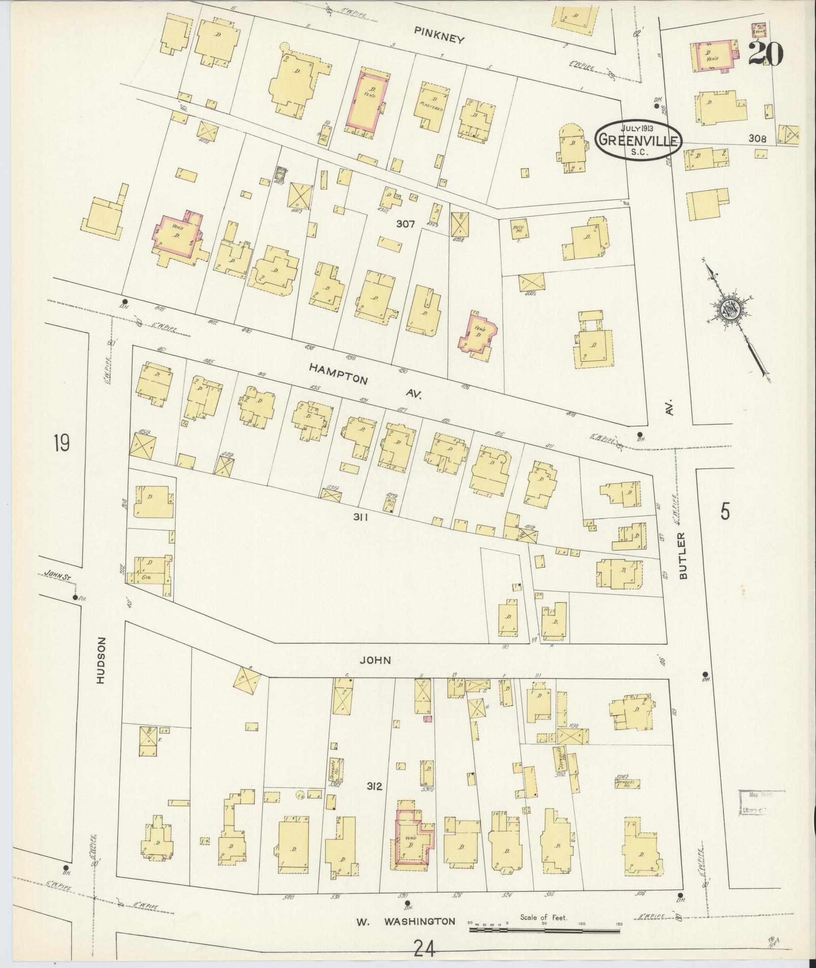 Sanborn Fire Insurance Map from Greenville, Greenville County, South Carolina (1913), Sheet #0020 - Historic Sanborn Fire Insurance Map Print, vintage old map wall art, antique decor, genealogy gift, South Carolina South Carolina map