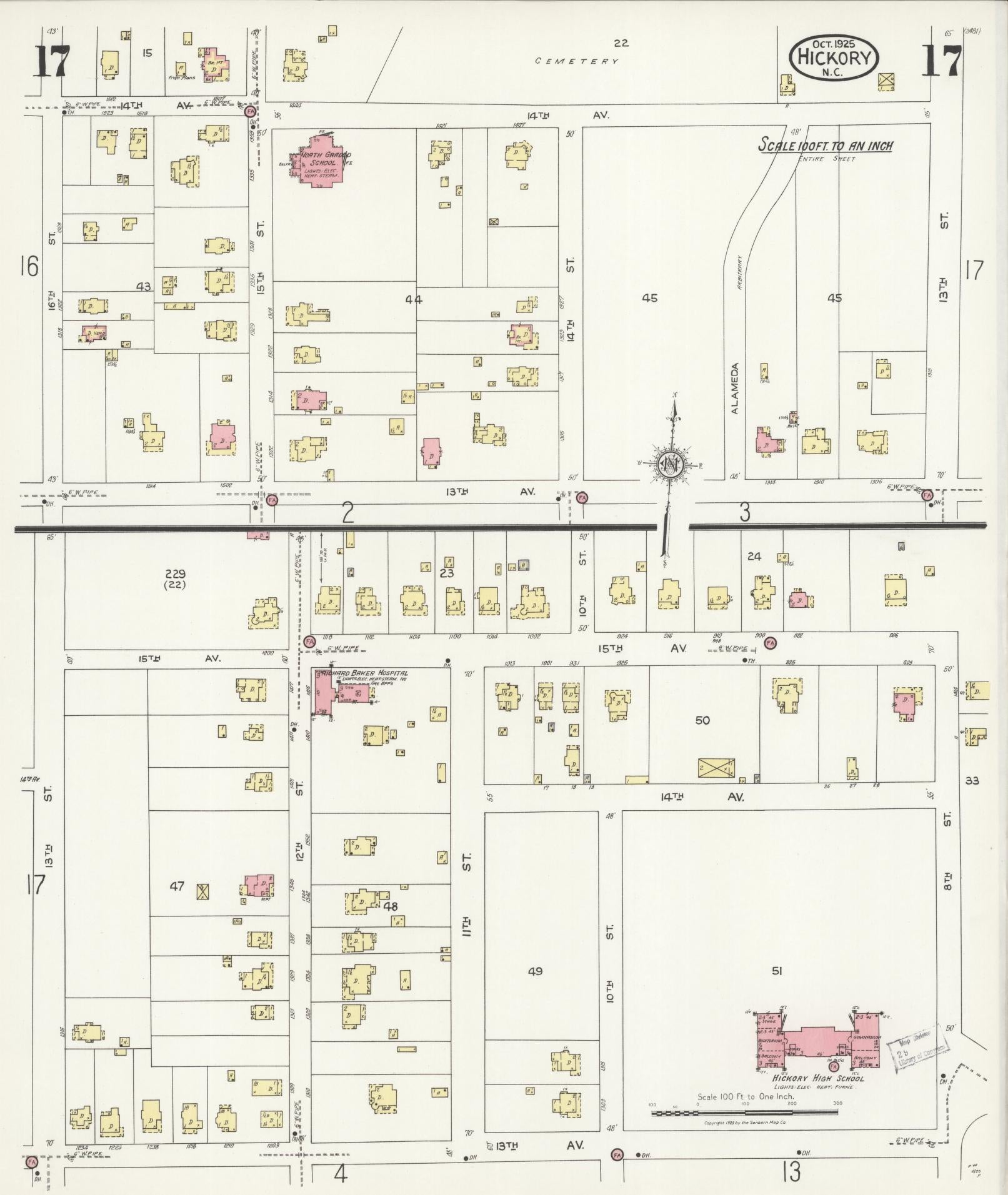 Sanborn Fire Insurance Map from Hickory, Catawba County, North Carolina (1925), Sheet #0017 - Historic Sanborn Fire Insurance Map Print, vintage old map wall art, antique decor, genealogy gift, North Carolina North Carolina map