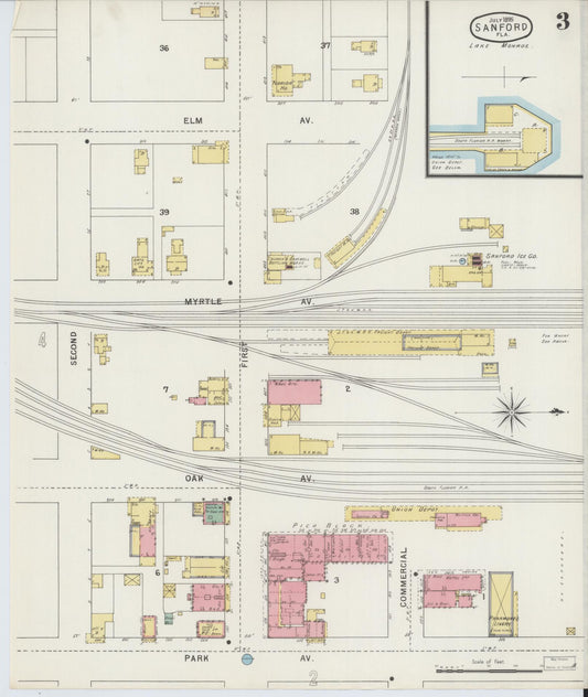Sanborn Fire Insurance Map from Sanford, Seminole County, Florida (1895), Sheet #0003 - Historic Sanborn Fire Insurance Map Print, vintage old map wall art, antique decor, genealogy gift, Florida Florida map