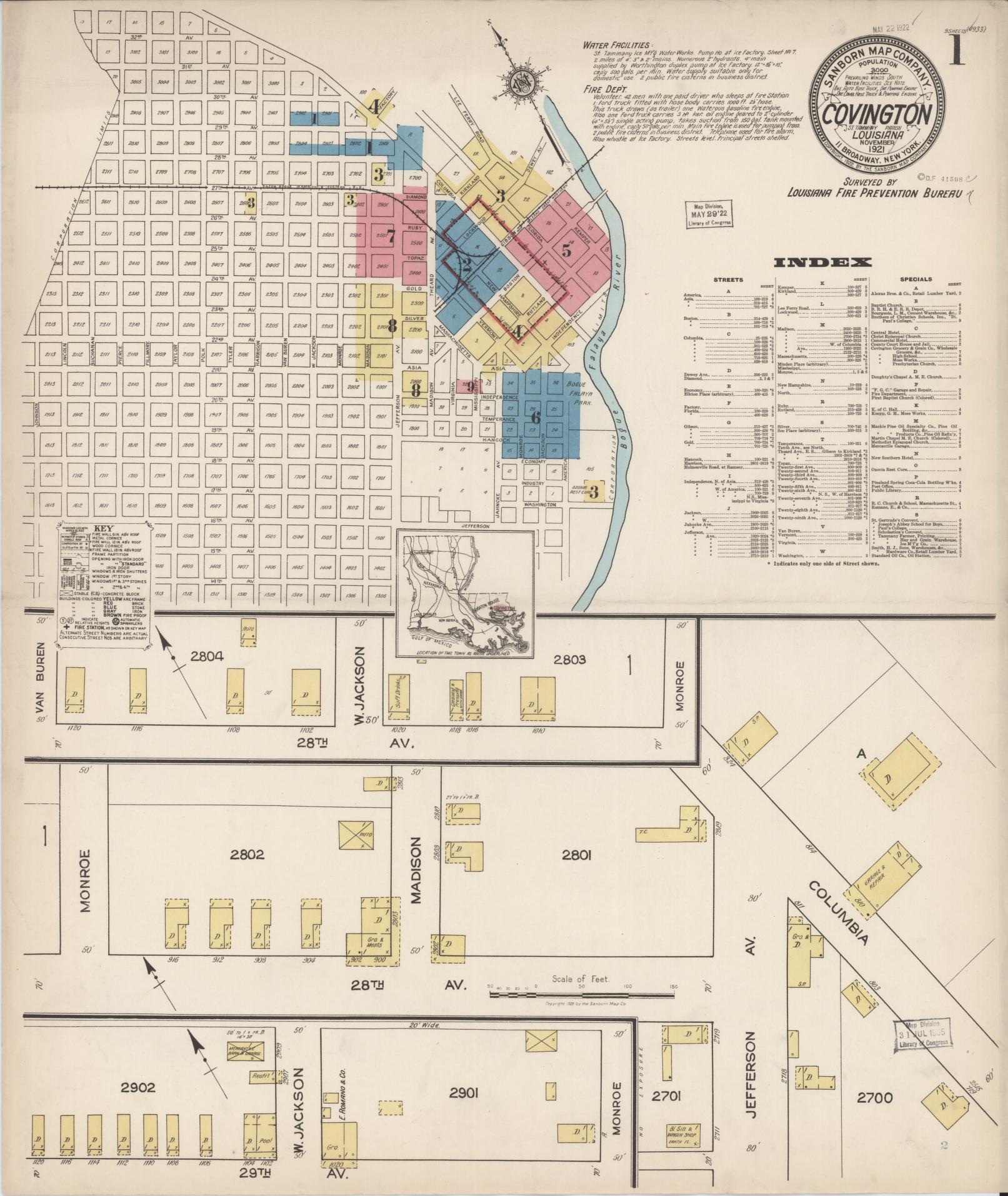 Sanborn Fire Insurance Map from Covington, Saint Tammany Parish, Louisiana (1921), Sheet #0001 - Historic Sanborn Fire Insurance Map Print, vintage old map wall art, antique decor, genealogy gift, Louisiana Louisiana map