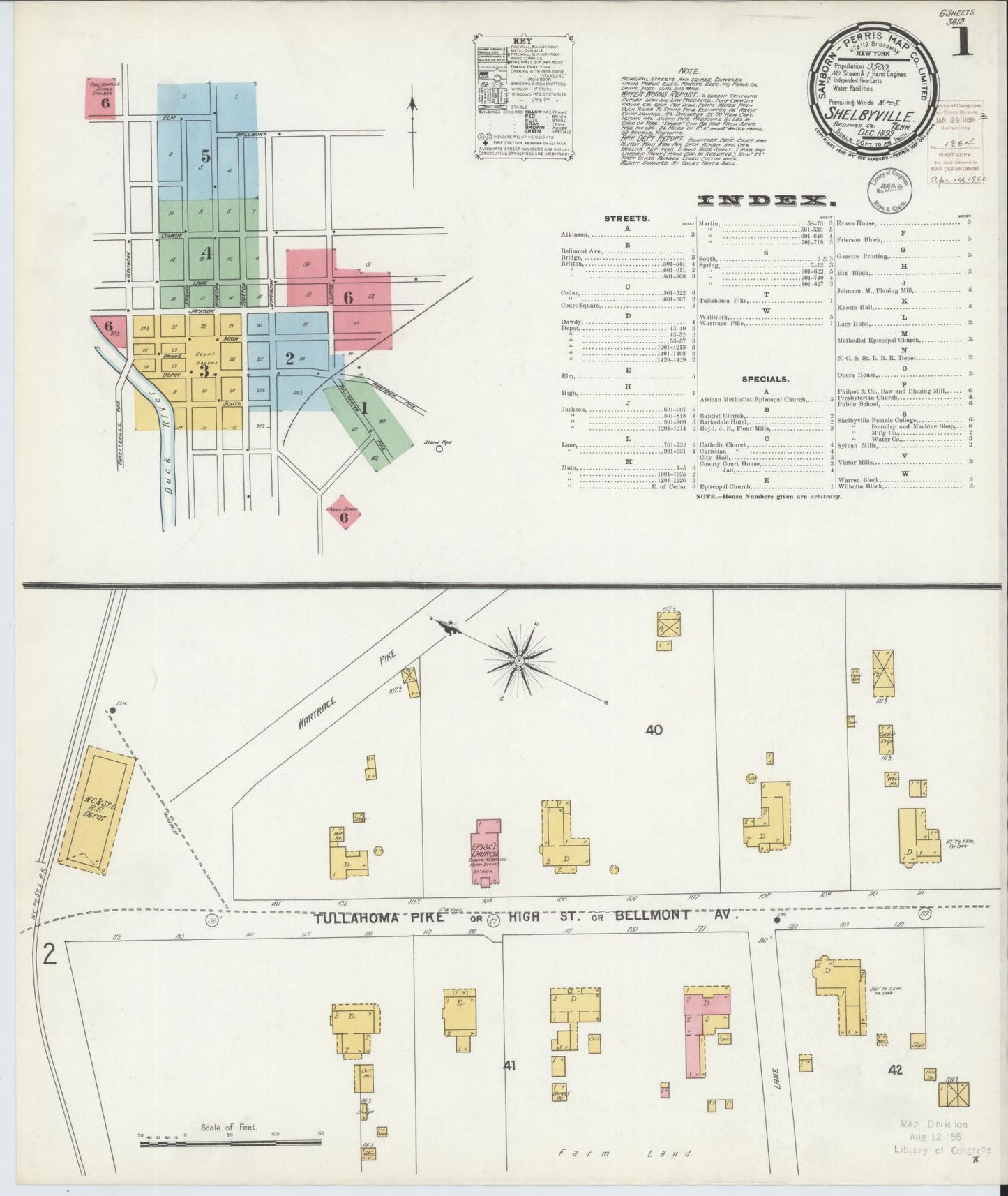 Sanborn Fire Insurance Map from Shelbyville, Bedford County, Tennessee (1899), Sheet #0001 - Complete Map Set gallery image, historic Sanborn map, vintage wall art, Tennessee Tennessee