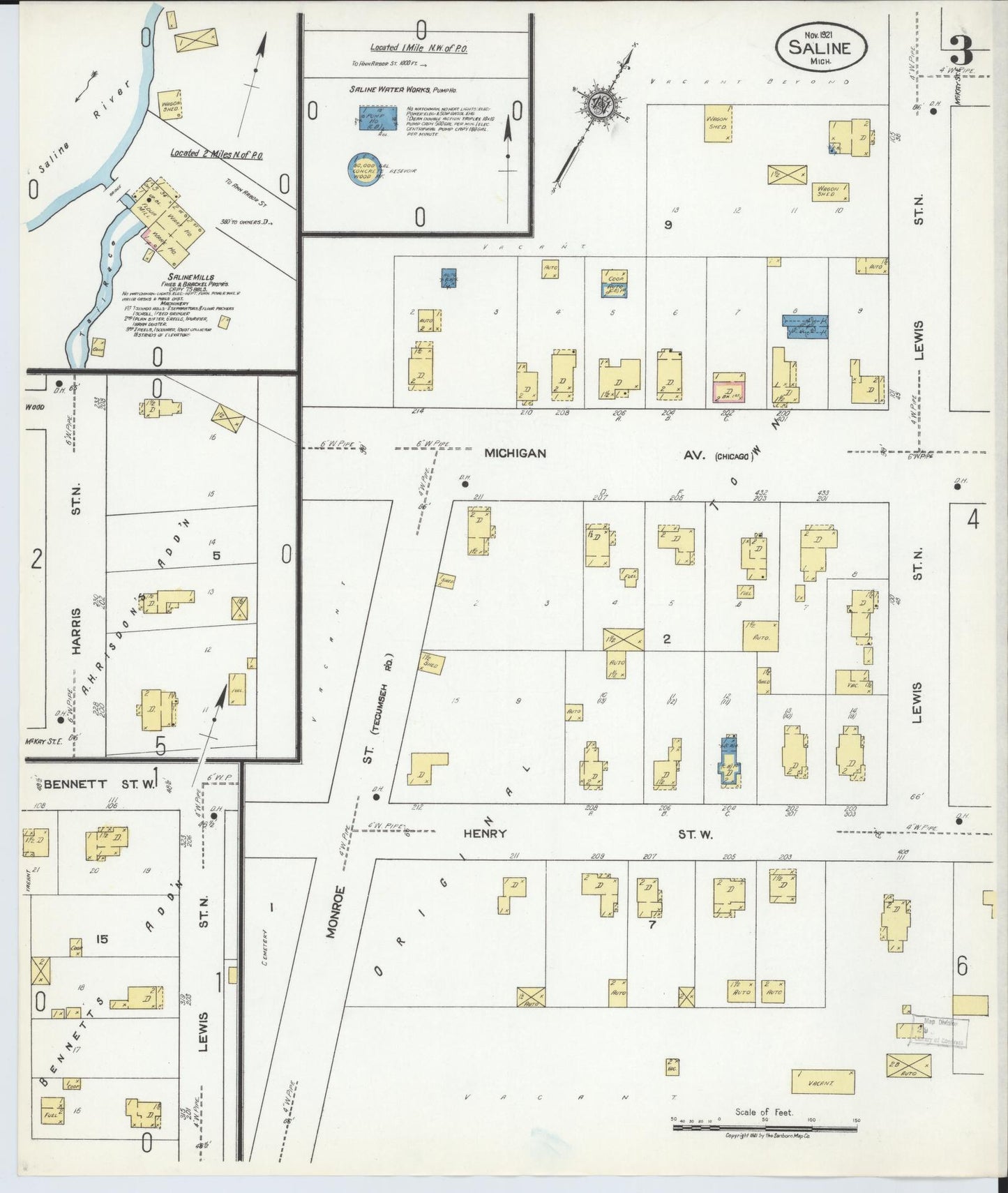 Sanborn Fire Insurance Map from Saline, Washtenaw County, Michigan (1921), Sheet #0003 - Historic Sanborn Fire Insurance Map Print, vintage old map wall art, antique decor, genealogy gift, Michigan Michigan map
