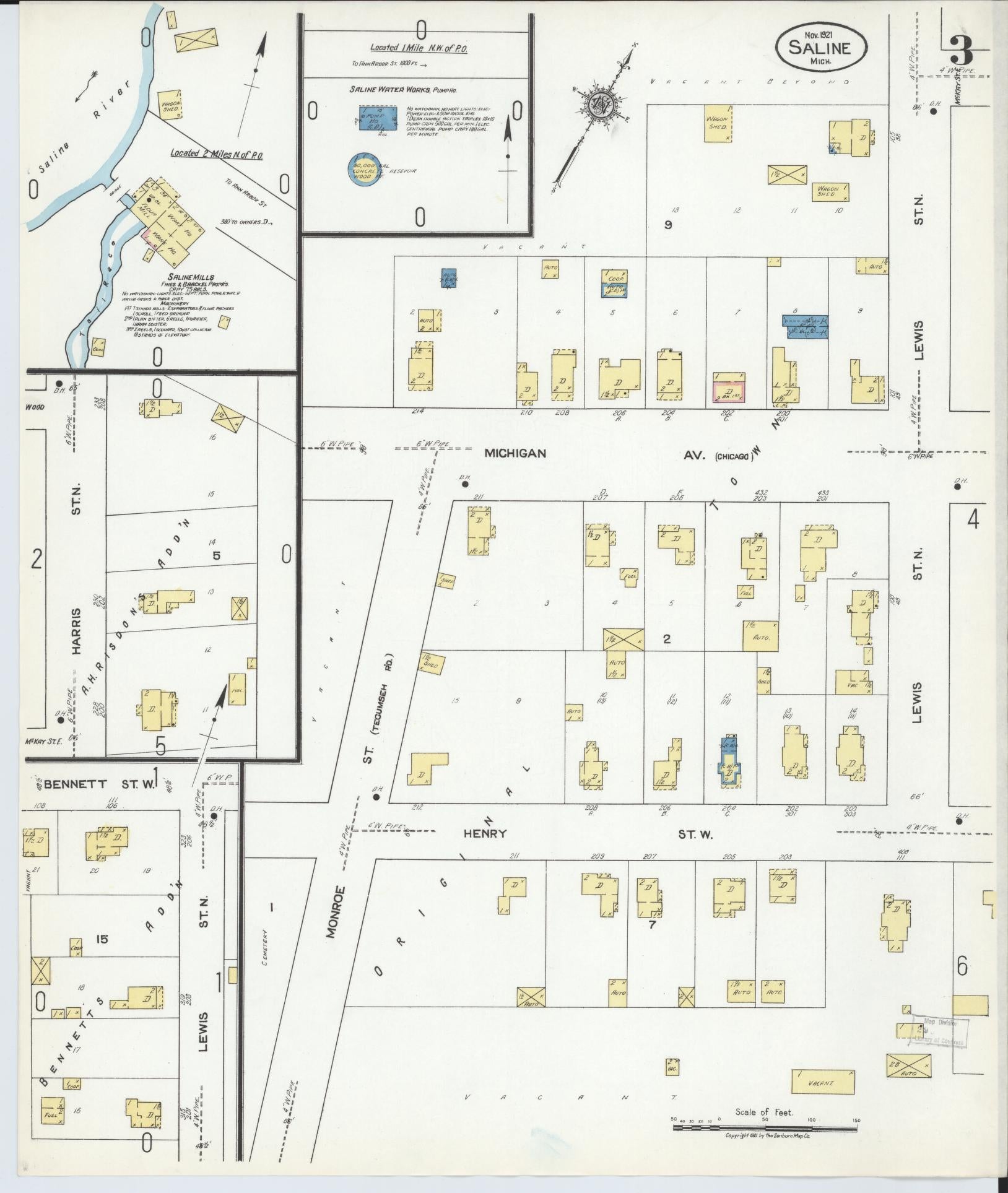 Sanborn Fire Insurance Map from Saline, Washtenaw County, Michigan (1921), Sheet #0003 - Historic Sanborn Fire Insurance Map Print, vintage old map wall art, antique decor, genealogy gift, Michigan Michigan map