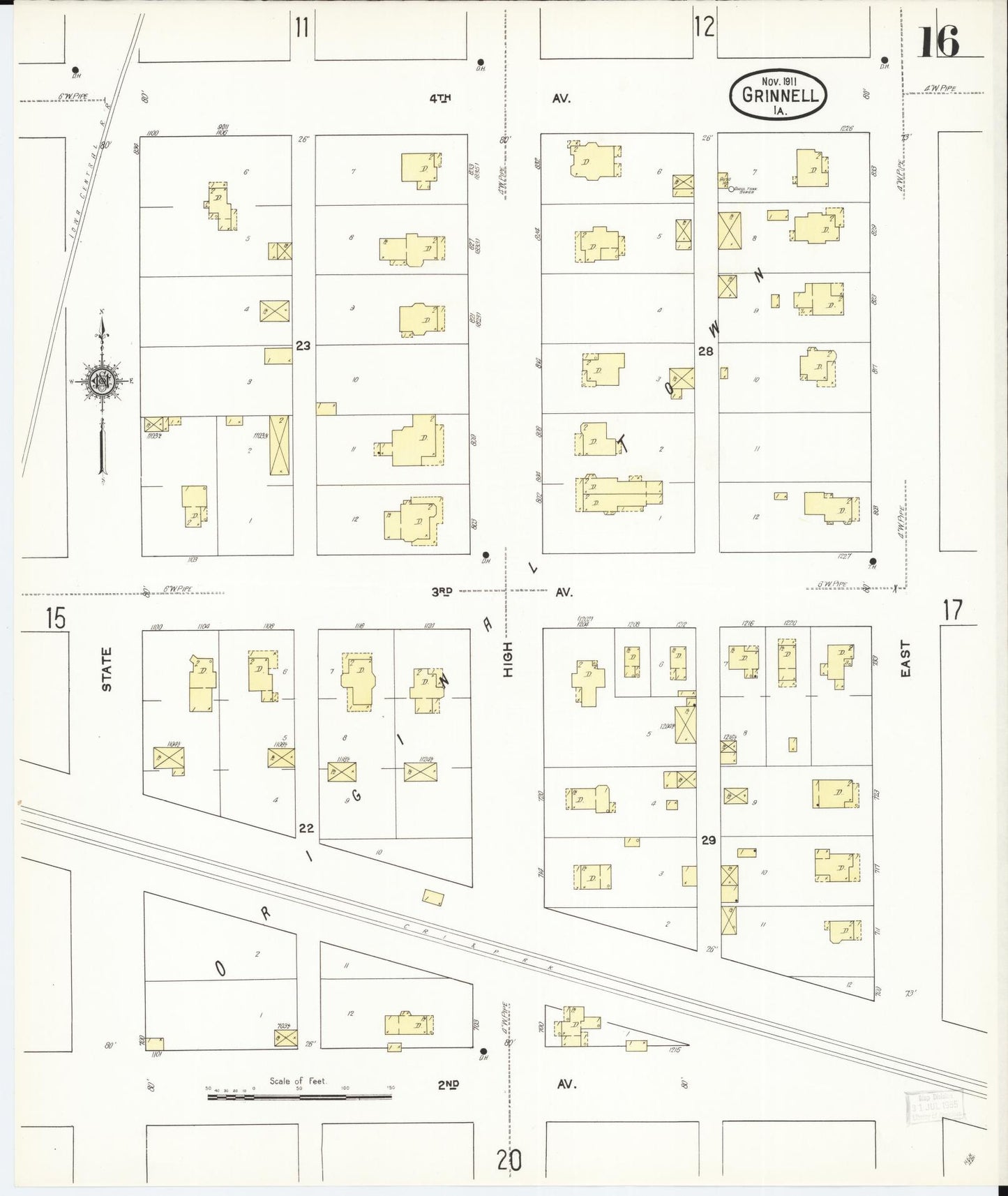 Sanborn Fire Insurance Map from Grinnell, Poweshiek County, Iowa (1911), Sheet #0016 - Historic Sanborn Fire Insurance Map Print, vintage old map wall art