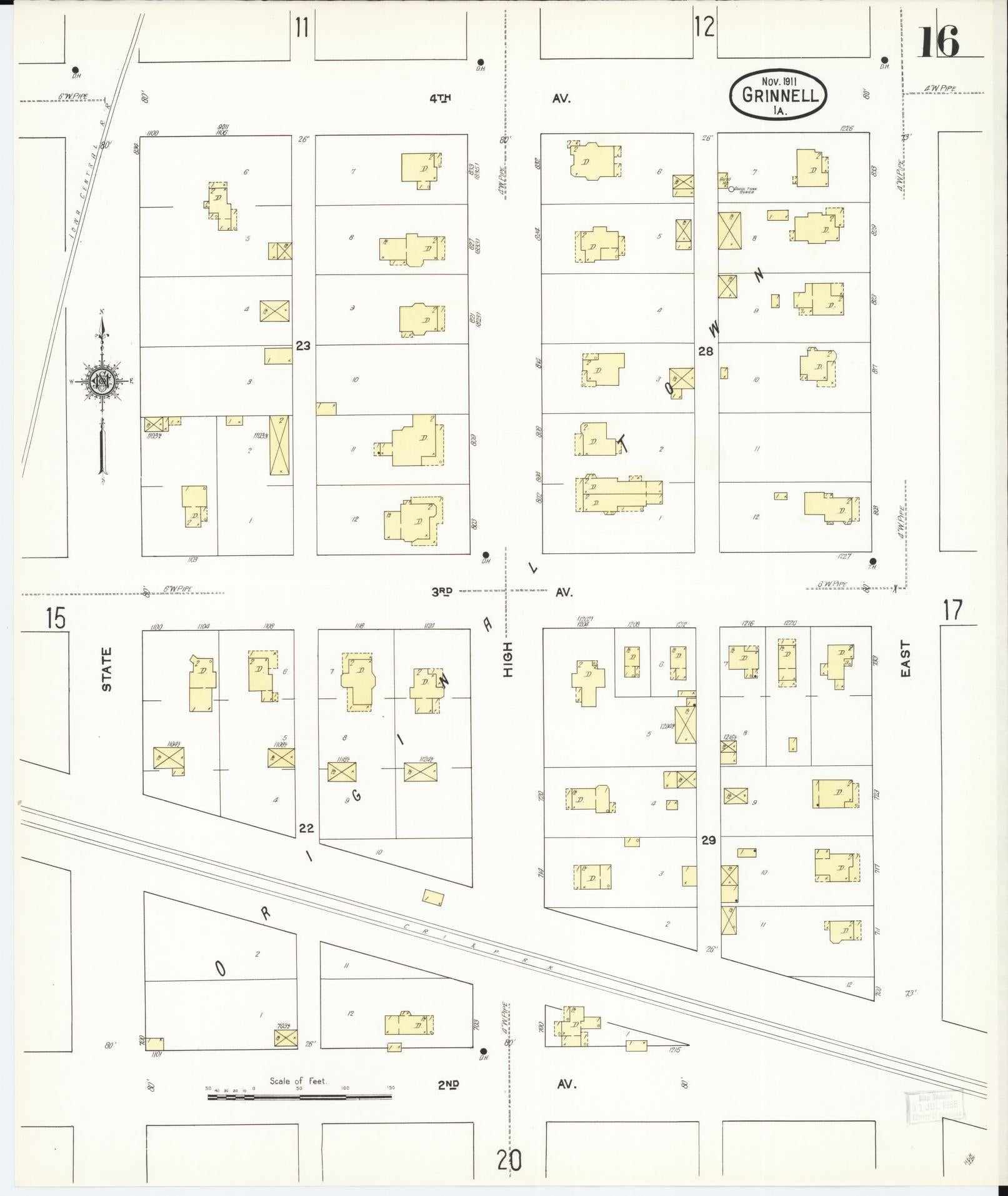 Sanborn Fire Insurance Map from Grinnell, Poweshiek County, Iowa (1911), Sheet #0016 - Historic Sanborn Fire Insurance Map Print, vintage old map wall art