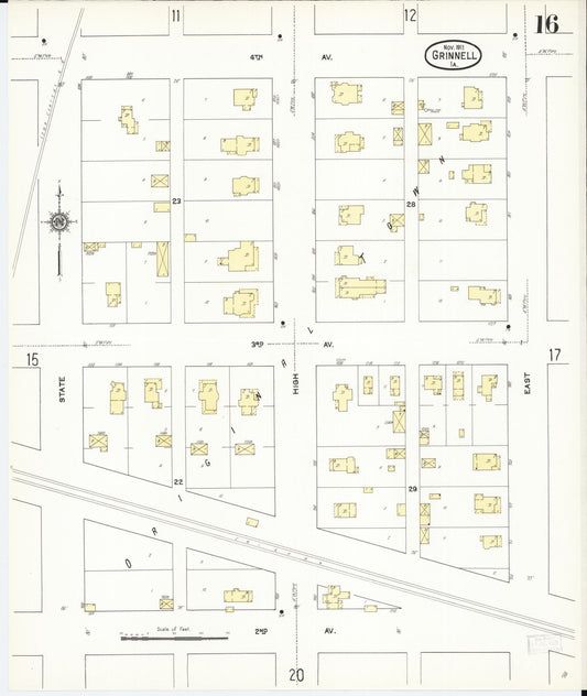 Sanborn Fire Insurance Map from Grinnell, Poweshiek County, Iowa (1911), Sheet #0016 - Historic Sanborn Fire Insurance Map Print, vintage old map wall art