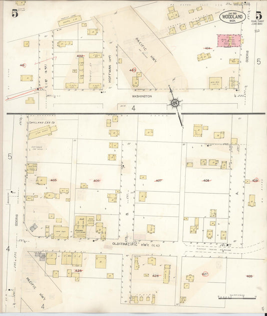 Sanborn Fire Insurance Map from Woodland, Cowlitz County, Washington (1943), Sheet #0005 - Historic Sanborn Fire Insurance Map Print, vintage old map wall art, antique decor, genealogy gift, Washington Washington map