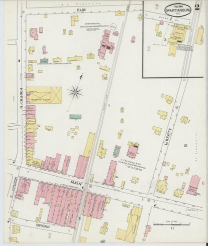 Sanborn Fire Insurance Map from Spartanburg, Spartanburg County, South Carolina (1893), Sheet #0002 - Complete Map Set gallery image, historic Sanborn map, vintage wall art, South Carolina South Carolina