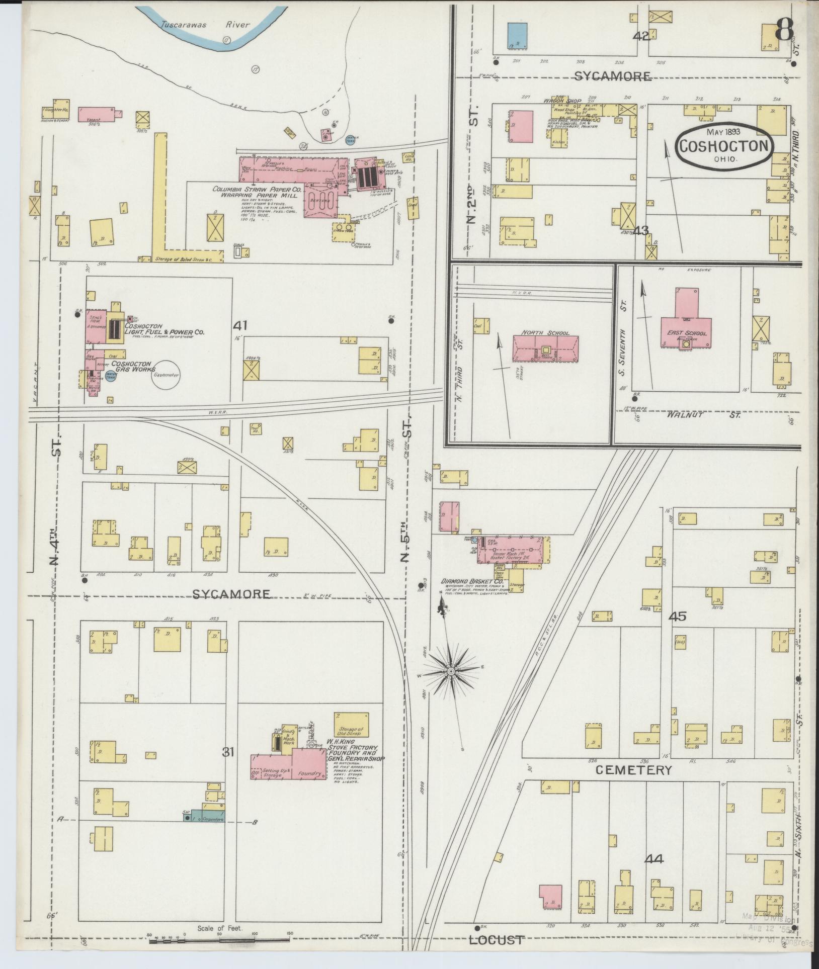 Sanborn Fire Insurance Map from Coshocton, Coshocton County, Ohio (1893), Sheet #0008 - Historic Sanborn Fire Insurance Map Print, vintage old map wall art, antique decor, genealogy gift, Ohio Ohio map