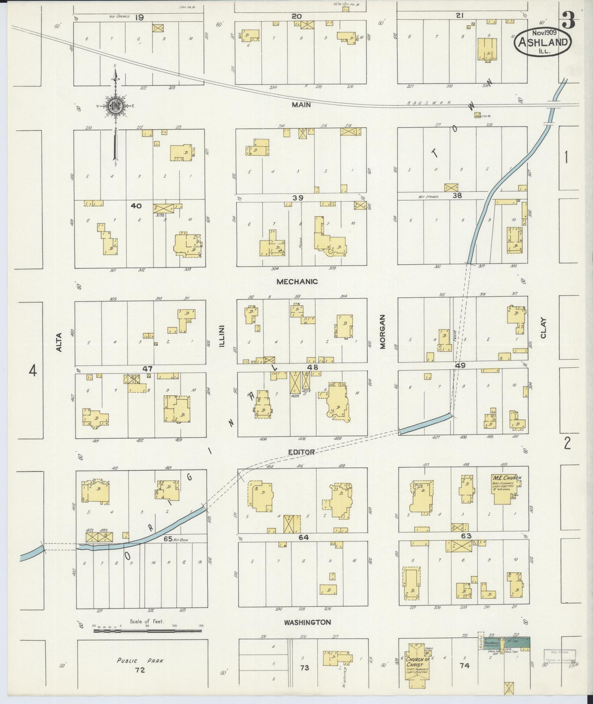 Sanborn Fire Insurance Map from Ashland, Cass County, Illinois (1909), Sheet #0003 - Complete Map Set gallery image, historic Sanborn map, vintage wall art, Illinois Illinois