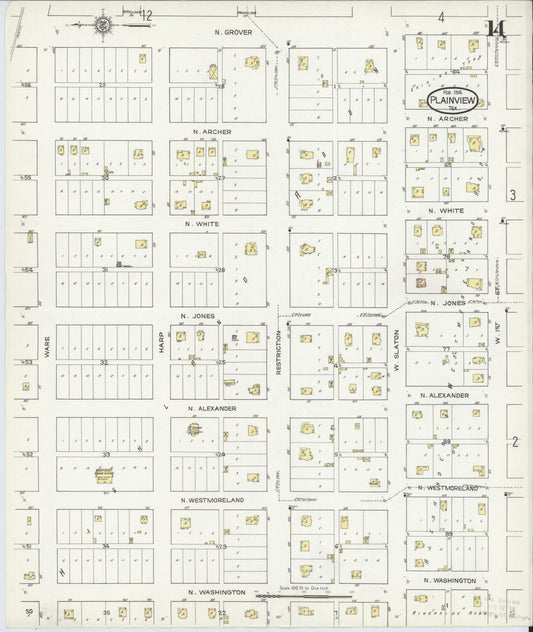 Sanborn Fire Insurance Map from Plainview, Hale County, Texas (1914), Sheet #0014 - Historic Sanborn Fire Insurance Map Print, vintage old map wall art, antique decor, genealogy gift, Texas Texas map