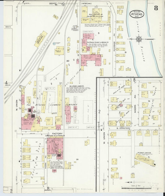 Sanborn Fire Insurance Map from Athens, Athens County, Ohio (1914), Sheet #0008 - Historic Sanborn Fire Insurance Map Print, vintage old map wall art, antique decor, genealogy gift, Ohio Ohio map