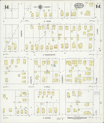 Sanborn Fire Insurance Map from Owosso, Shiawassee County, Michigan (1924), Sheet #0014 - Historic Sanborn Fire Insurance Map Print, vintage old map wall art, antique decor, genealogy gift, Michigan Michigan map