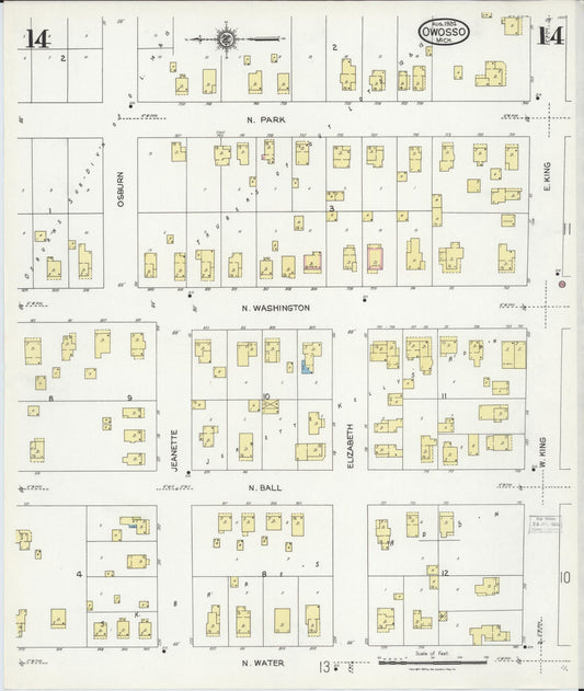 Sanborn Fire Insurance Map from Owosso, Shiawassee County, Michigan (1924), Sheet #0014 - Historic Sanborn Fire Insurance Map Print, vintage old map wall art, antique decor, genealogy gift, Michigan Michigan map