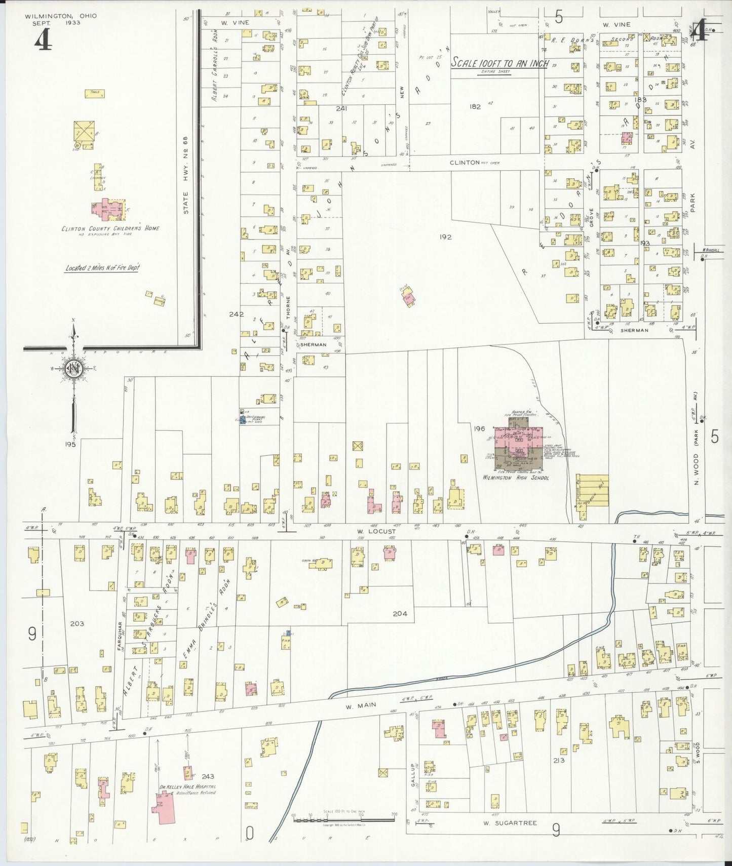Sanborn Fire Insurance Map from Wilmington, Clinton County, Ohio (1933), Sheet #0004 - Historic Sanborn Fire Insurance Map Print, vintage old map wall art, antique decor, genealogy gift, Ohio Ohio map