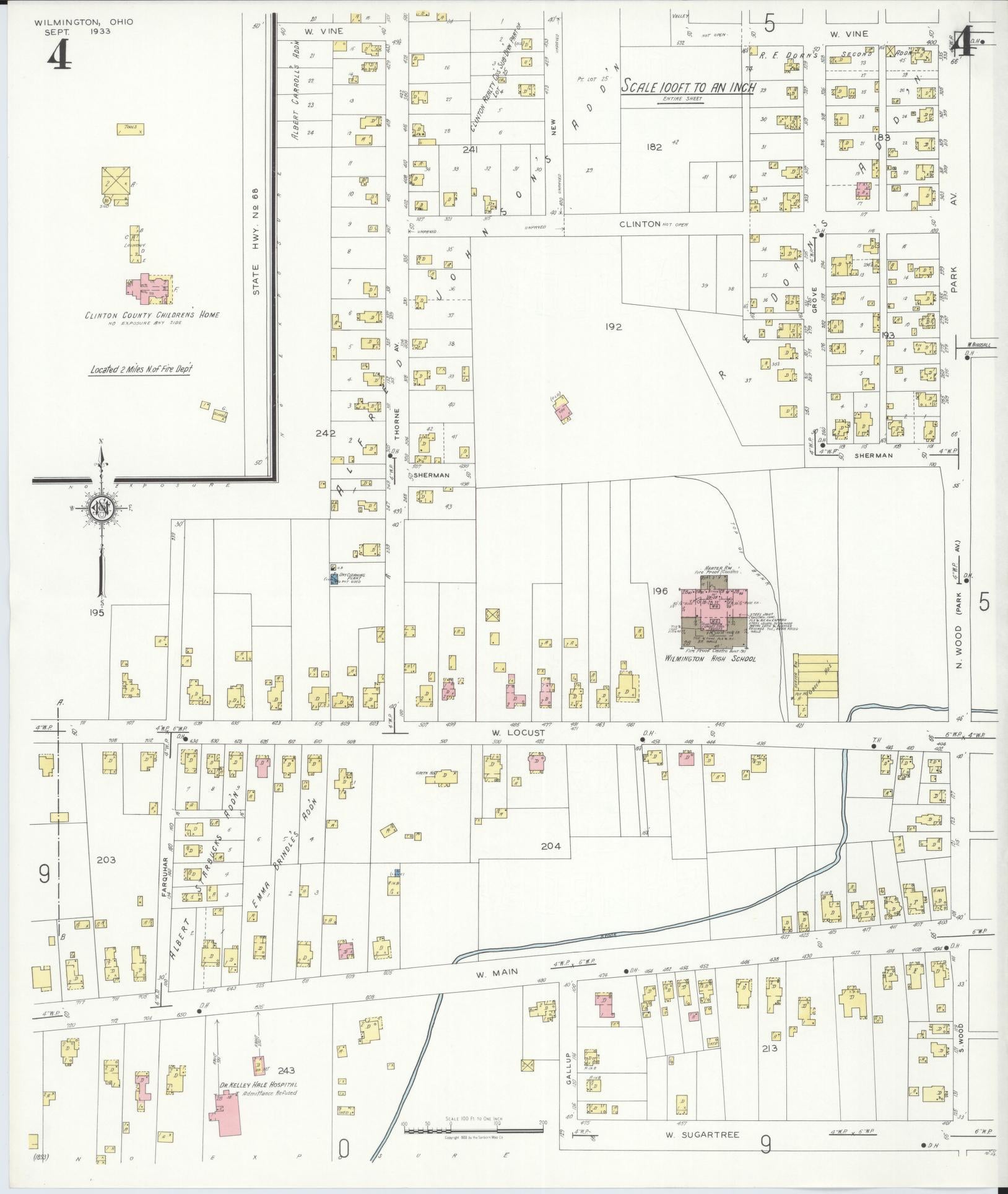 Sanborn Fire Insurance Map from Wilmington, Clinton County, Ohio (1933), Sheet #0004 - Historic Sanborn Fire Insurance Map Print, vintage old map wall art, antique decor, genealogy gift, Ohio Ohio map