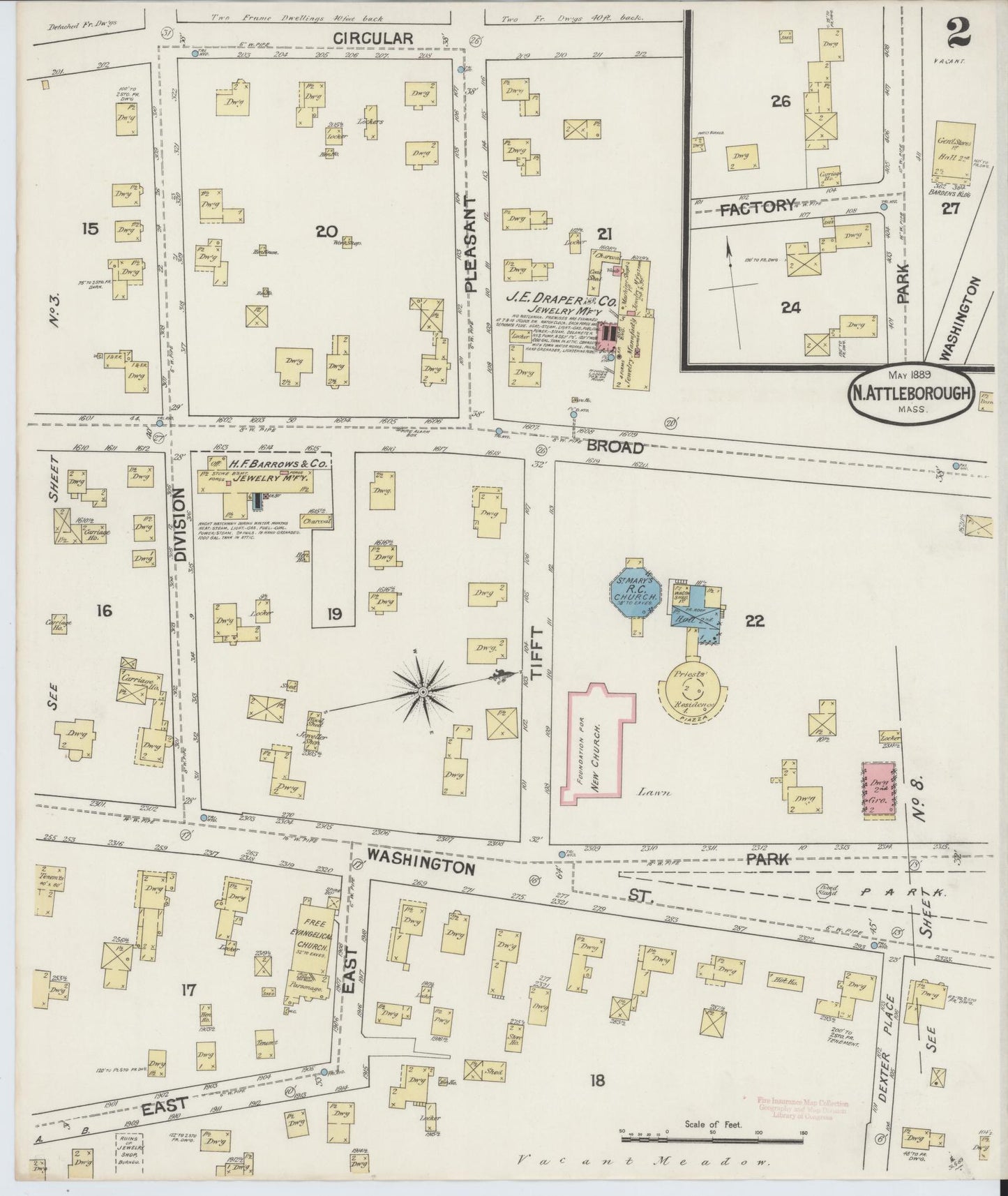 Sanborn Fire Insurance Map from North Attleborough, Bristol County, Massachusetts (1889), Sheet #0002 - Complete Map Set gallery image, historic Sanborn map, vintage wall art, Massachusetts Massachusetts