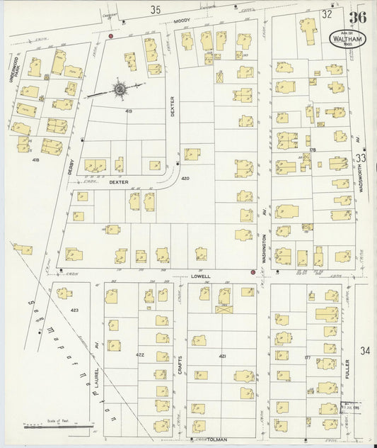 Sanborn Fire Insurance Map from Waltham, Middlesex County, Massachusetts (1911), Sheet #0036 - Historic Sanborn Fire Insurance Map Print, vintage old map wall art, antique decor, genealogy gift, Massachusetts Massachusetts map