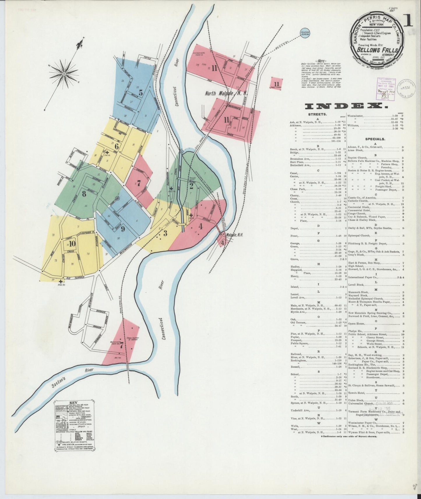 Sanborn Fire Insurance Map from Bellows Falls, Windham County, Vermont (1901), Sheet #0001 - Complete Map Set gallery image, historic Sanborn map, vintage wall art, Vermont Vermont