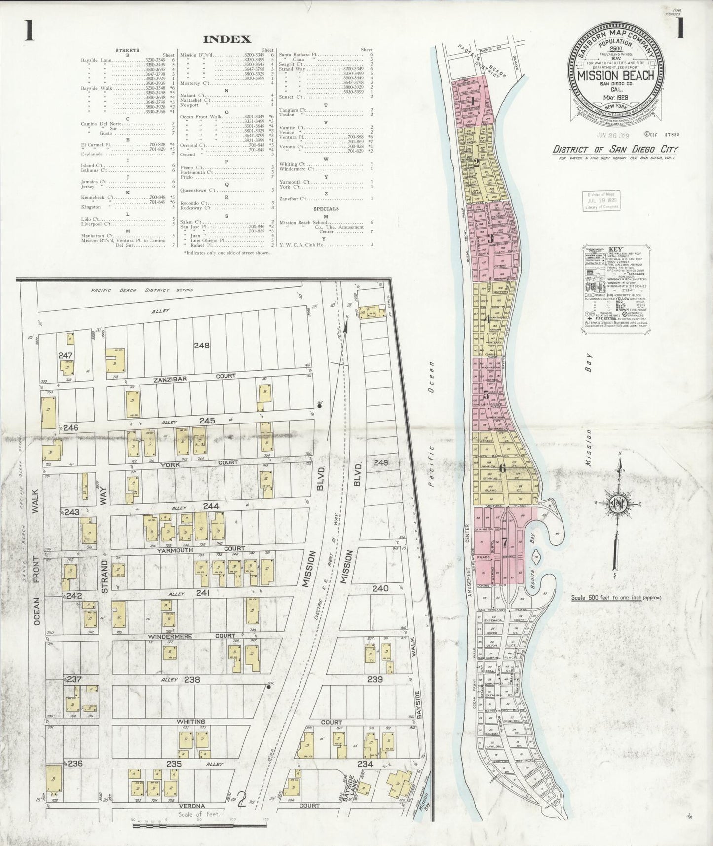 Sanborn Fire Insurance Map from Mission Beach, San Diego County, California (1929), Sheet #0001 - Historic Sanborn Fire Insurance Map Print, vintage old map wall art, antique decor, genealogy gift, California California map