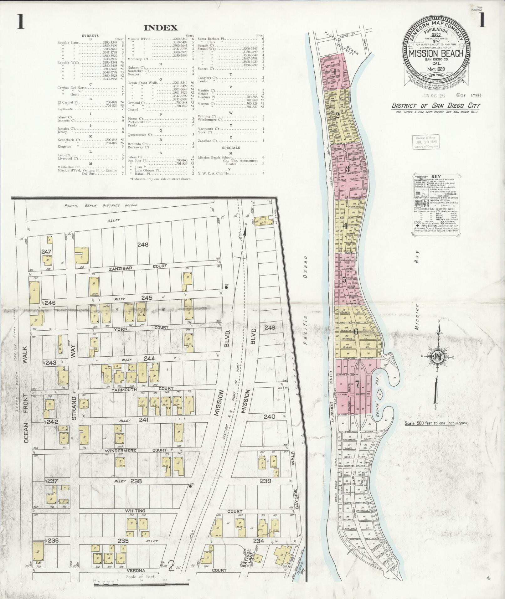 Sanborn Fire Insurance Map from Mission Beach, San Diego County, California (1929), Sheet #0001 - Historic Sanborn Fire Insurance Map Print, vintage old map wall art, antique decor, genealogy gift, California California map