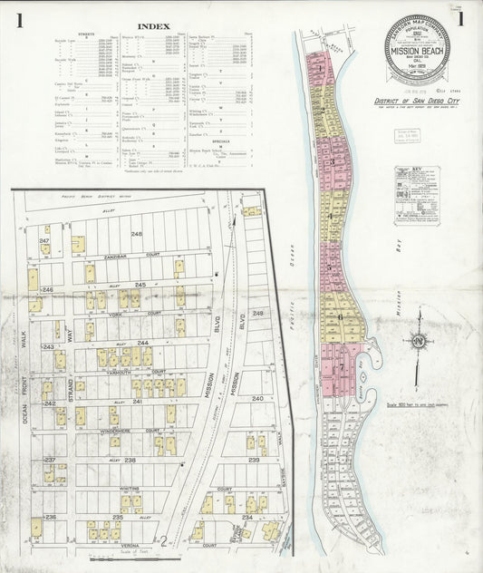 Sanborn Fire Insurance Map from Mission Beach, San Diego County, California (1929), Sheet #0001 - Historic Sanborn Fire Insurance Map Print, vintage old map wall art, antique decor, genealogy gift, California California map