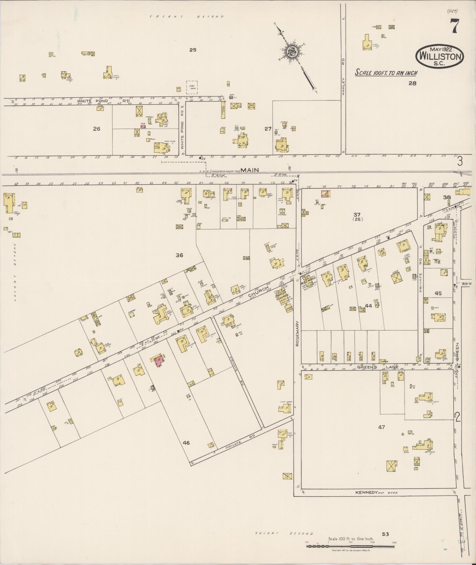 Sanborn Fire Insurance Map from Williston, Barnwell County, South Carolina (1922), Sheet #0007 - Complete Map Set gallery image, historic Sanborn map, vintage wall art, South Carolina South Carolina