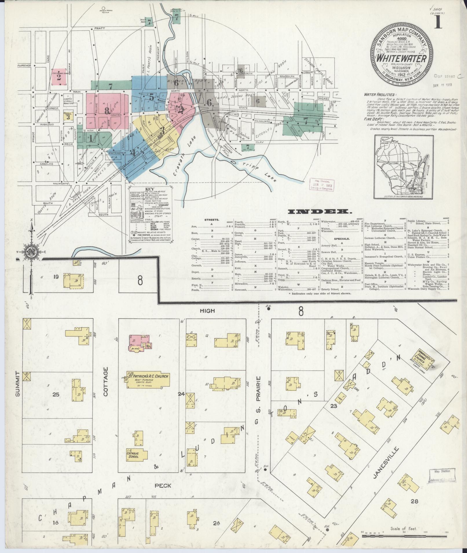 Sanborn Fire Insurance Map from Whitewater, Walworth County, Wisconsin (1912), Sheet #0001 - Historic Sanborn Fire Insurance Map Print, vintage old map wall art, antique decor, genealogy gift, Wisconsin Wisconsin map