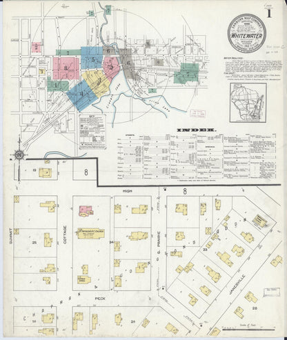 Sanborn Fire Insurance Map from Whitewater, Walworth County, Wisconsin (1912), Sheet #0001 - Historic Sanborn Fire Insurance Map Print, vintage old map wall art, antique decor, genealogy gift, Wisconsin Wisconsin map