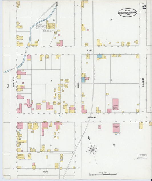 Sanborn Fire Insurance Map from Shepherdstown, Jefferson County, West Virginia (1899), Sheet #0002 - Historic Sanborn Fire Insurance Map Print, vintage old map wall art, antique decor, genealogy gift, West Virginia West Virginia map