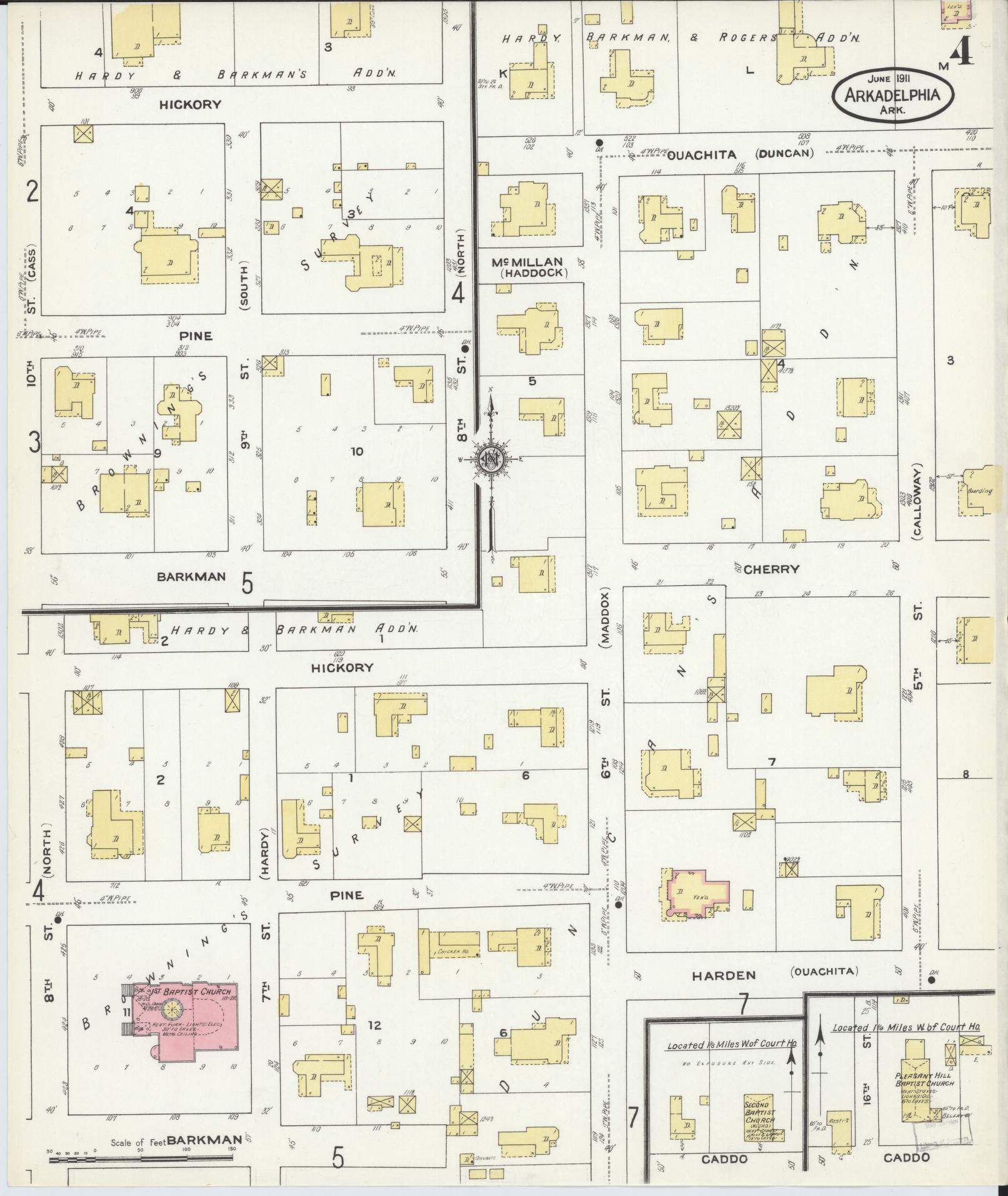 Sanborn Fire Insurance Map from Arkadelphia, Clark County, Arkansas (1911), Sheet #0004 - Historic Sanborn Fire Insurance Map Print, vintage old map wall art, antique decor, genealogy gift, Arkansas Arkansas map