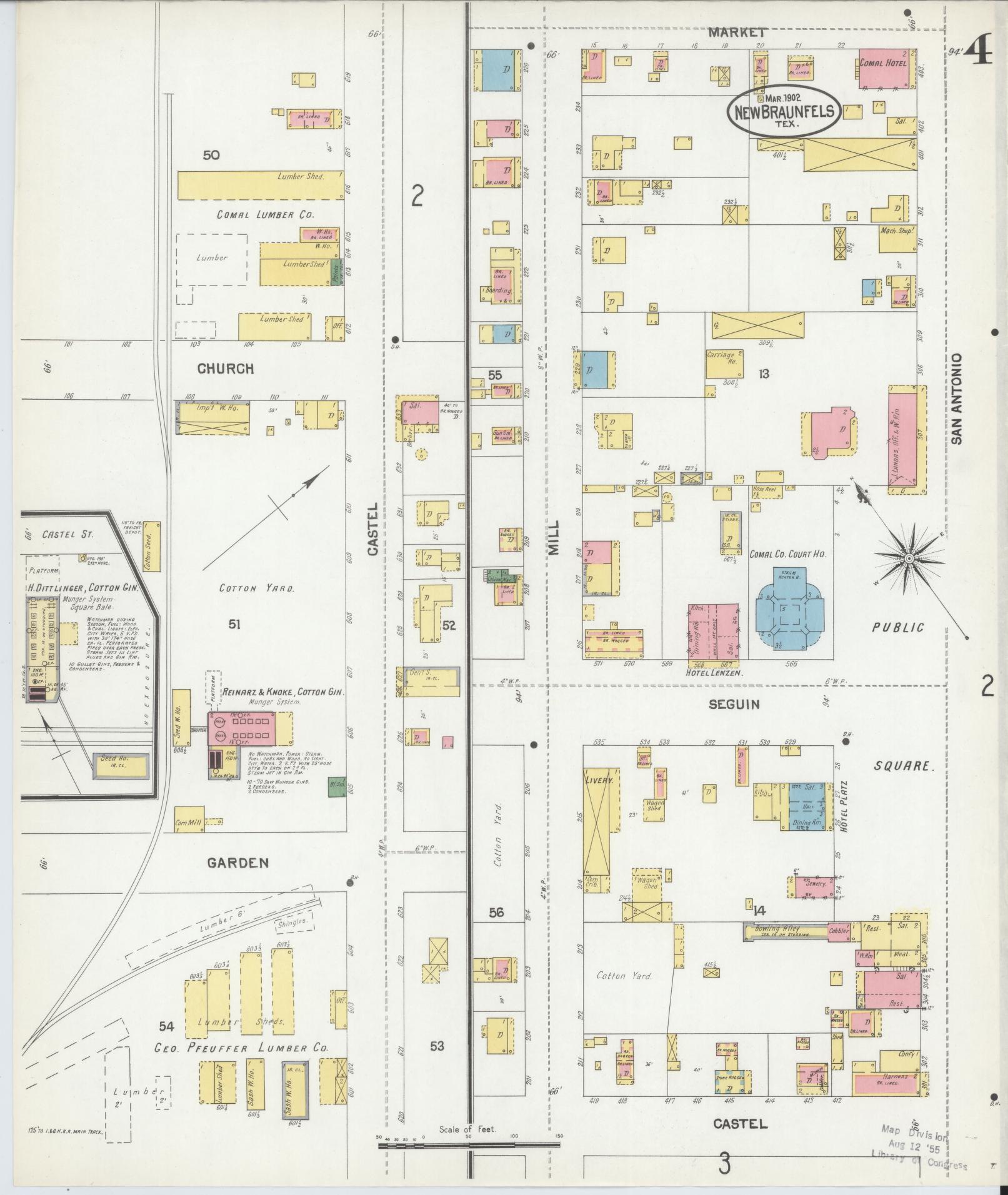 Sanborn Fire Insurance Map from New Braunfels, Comal County, Texas (1902), Sheet #0004 - Historic Sanborn Fire Insurance Map Print, vintage old map wall art, antique decor, genealogy gift, Texas Texas map