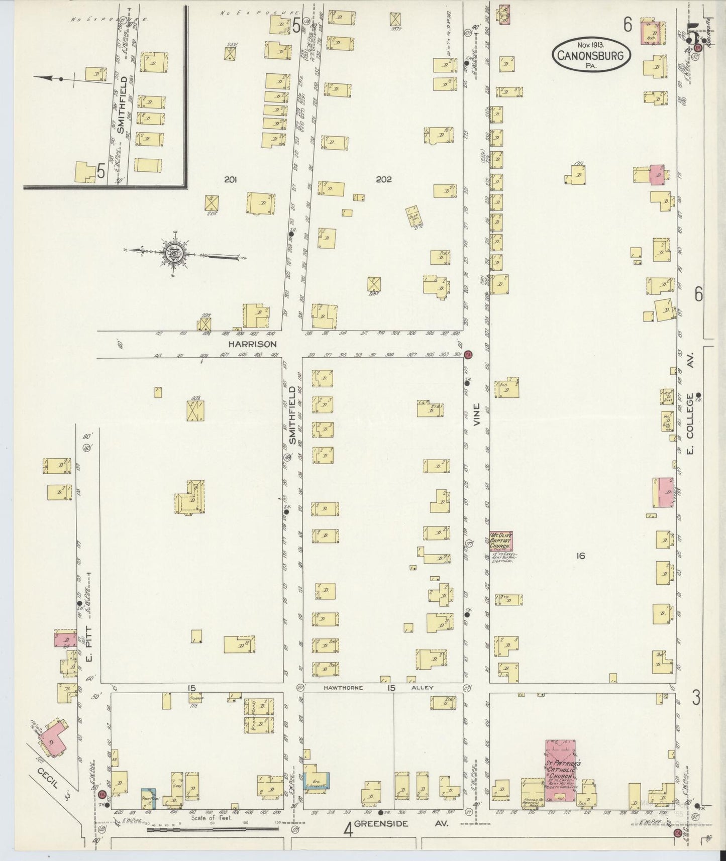 Sanborn Fire Insurance Map from Canonsburg, Washington County, Pennsylvania (1913), Sheet #0005 - Historic Sanborn Fire Insurance Map Print, vintage old map wall art, antique decor, genealogy gift, Pennsylvania Pennsylvania map