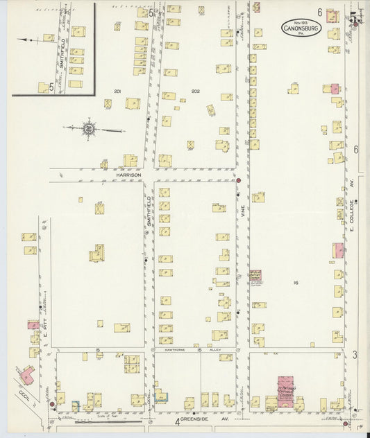 Sanborn Fire Insurance Map from Canonsburg, Washington County, Pennsylvania (1913), Sheet #0005 - Historic Sanborn Fire Insurance Map Print, vintage old map wall art, antique decor, genealogy gift, Pennsylvania Pennsylvania map
