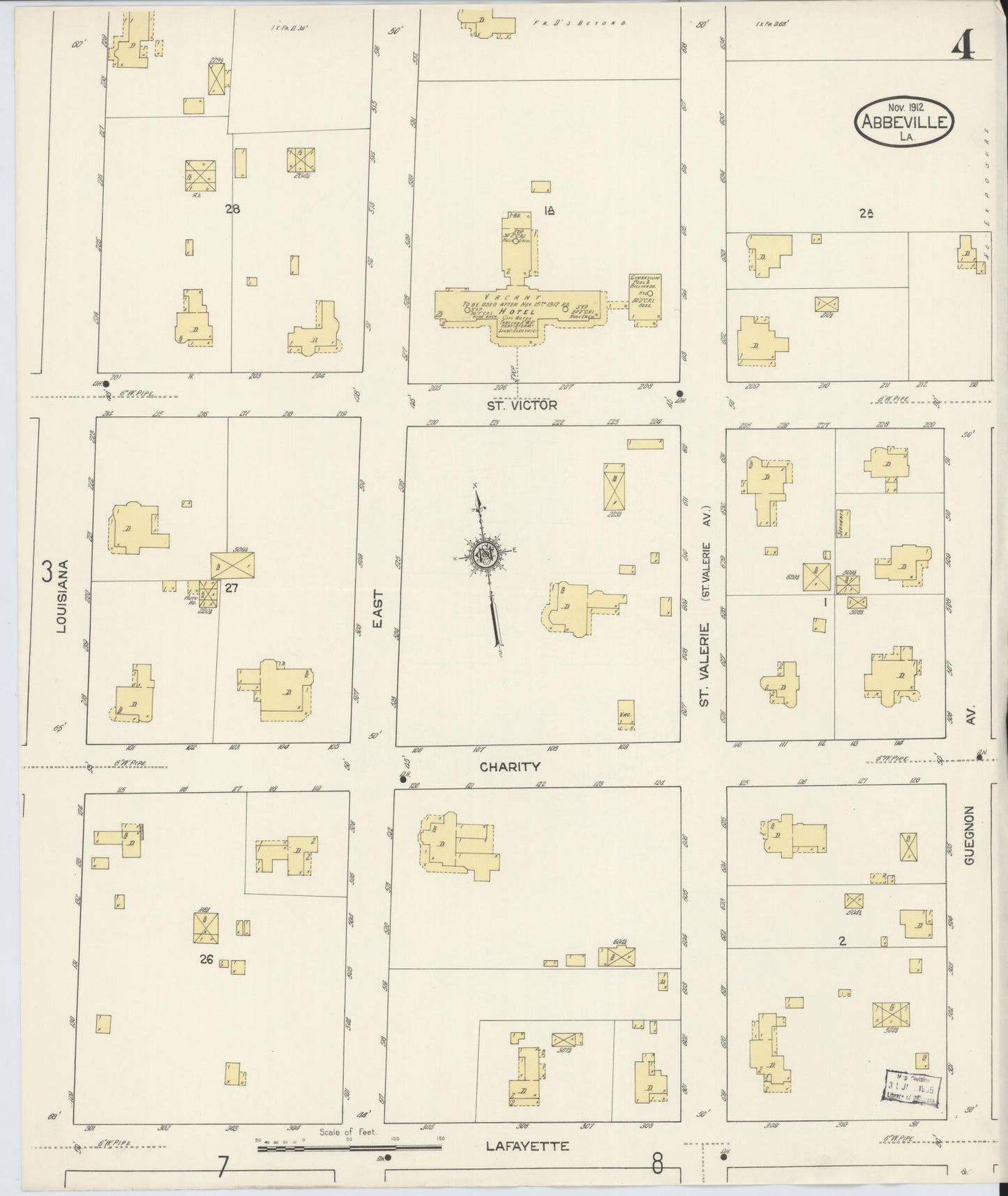Sanborn Fire Insurance Map from Abbeville, Vermilion Parish, Louisiana (1912), Sheet #0004 - Historic Sanborn Fire Insurance Map Print, vintage old map wall art, antique decor, genealogy gift, Louisiana Louisiana map