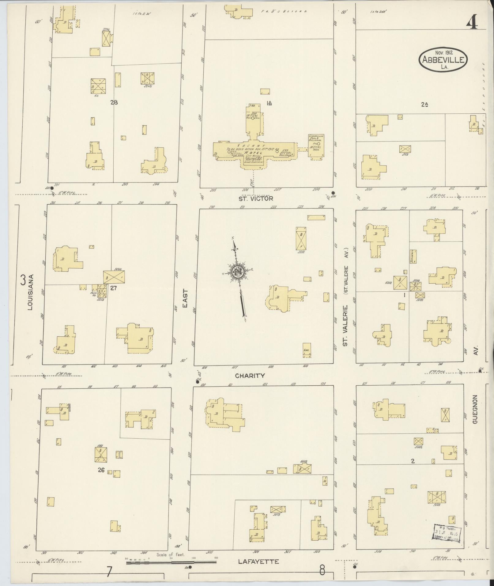 Sanborn Fire Insurance Map from Abbeville, Vermilion Parish, Louisiana (1912), Sheet #0004 - Historic Sanborn Fire Insurance Map Print, vintage old map wall art, antique decor, genealogy gift, Louisiana Louisiana map