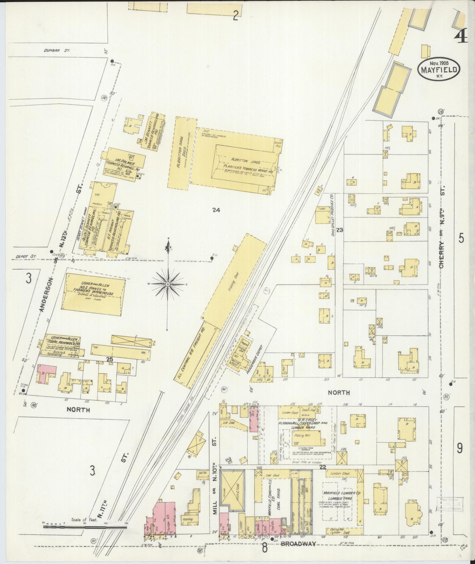 Sanborn Fire Insurance Map from Mayfield, Graves County, Kentucky (1905), Sheet #0004 - Historic Sanborn Fire Insurance Map Print, vintage old map wall art, antique decor, genealogy gift, Kentucky Kentucky map