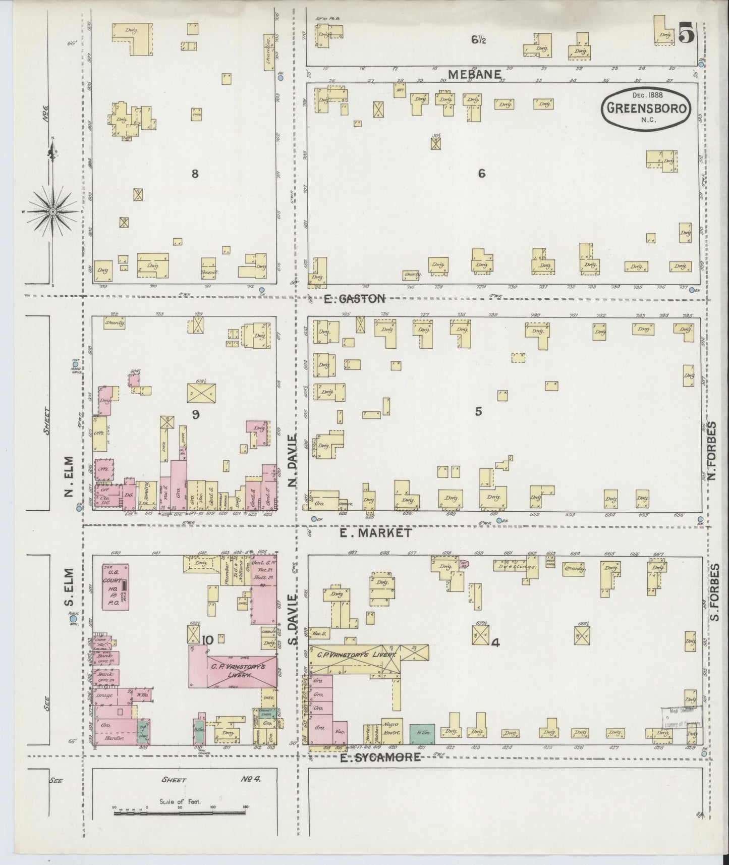 Sanborn Fire Insurance Map from Greensboro, Guilford County, North Carolina (1888), Sheet #0005 - Complete Map Set gallery image, historic Sanborn map, vintage wall art, North Carolina North Carolina
