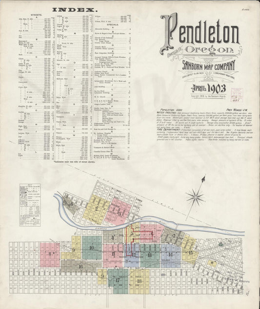 Sanborn Fire Insurance Map from Pendleton, Umatilla County, Oregon (1903), Sheet #0001 - Historic Sanborn Fire Insurance Map Print, vintage old map wall art, antique decor, genealogy gift, Oregon Oregon map